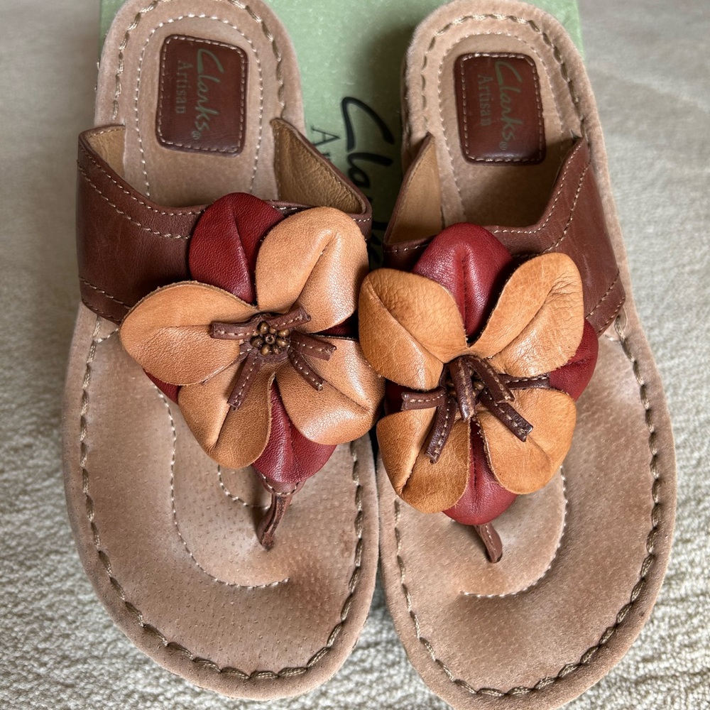 Clarks Brown and Tan Leather Sandals with Floral Embellishments